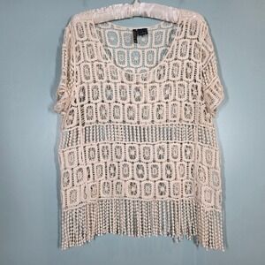 New Directions Womens Crochet Top Cream Ivory Cotton Boho Fringe V-Neck Small